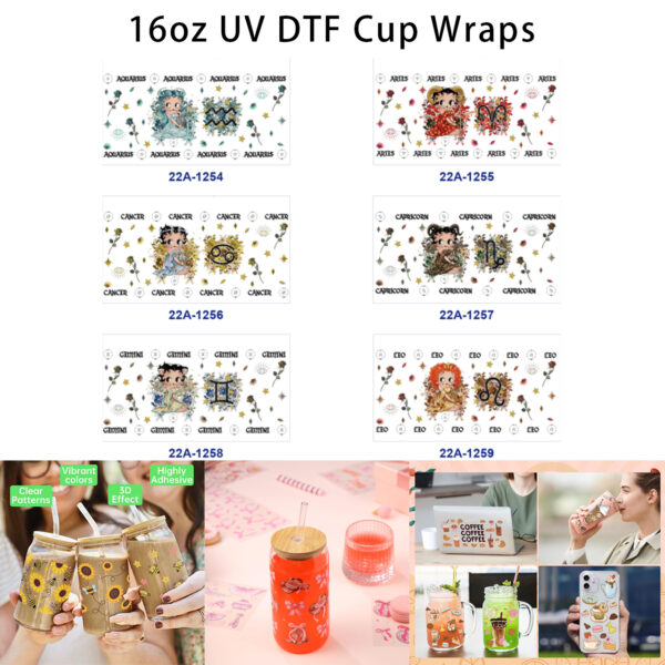 oly-b4be9c99f9d09bf3d8bf36a9a5aa71e9 Wholesale 5pcs Retro Dreamy Watercolor Cartoon Girl Zodiac Sign Flower Star Mixed Decor Prints 16oz Cup UV DTF Wraps OLY Exclusive