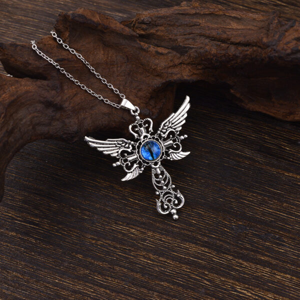 oly-b5f5347c1dac489866d9da767e9930bd Wholesale Vintage Evil Eye Cross Pendant Necklace with Angel Wings, Zinc Alloy Red, Fashion Jewelry Accessory for Boutique Resale