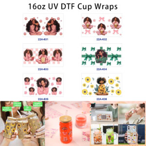 Wholesale 5pcs Cozy Warm Tone Cartoon Lounge Girl Donut Popcorn Bow Daisy Sunflower Check Border Assorted Decor Prints 16oz Cup UV DTF Wraps