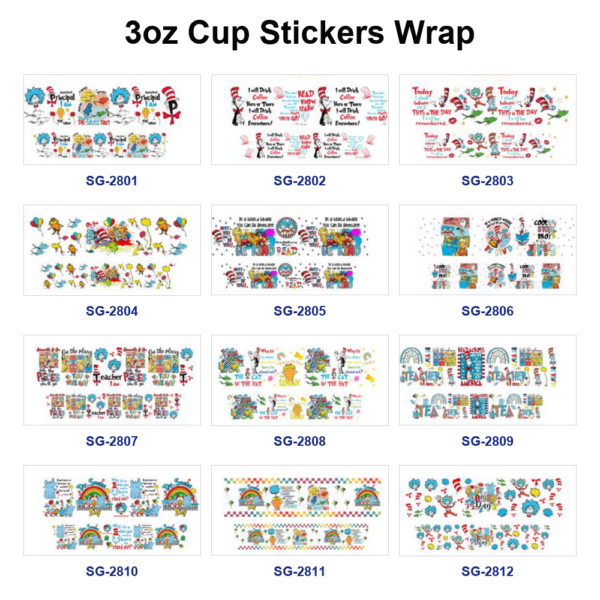 Wholesale 8pcs Kids Picture Book Cartoon Reading Theme Print 3oz Cup Stickers Wrap OLY Exclusive