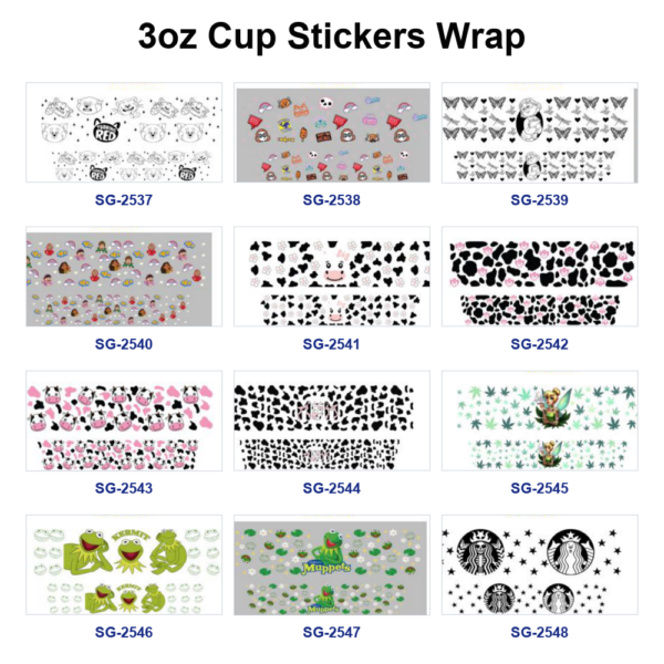 oly-b8b183b2bea4fa93a0c48a53d645297f Wholesale 8pcs Mixed Cartoon Cow Print Fairy Print 3oz Cup Stickers Wrap OLY Exclusive
