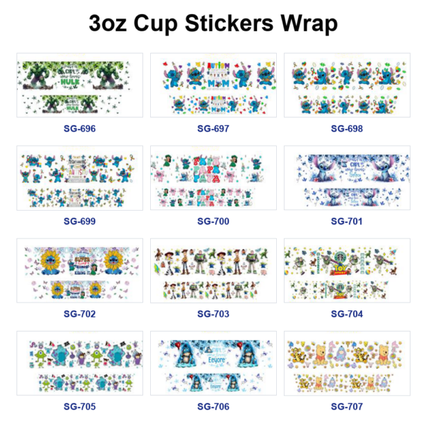 Wholesale 8pcs Aesthetic Blue Cartoon Character 3oz Tumbler Stickers Wrap OLY Exclusive