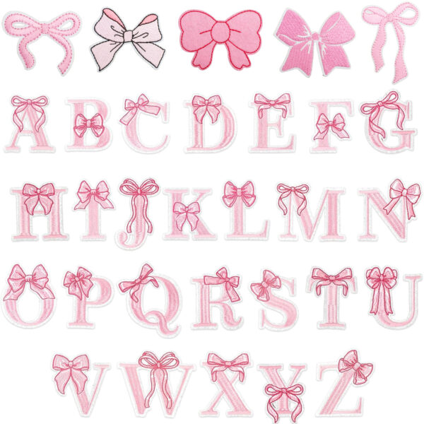 oly-ba013dec4098986a8456d68c7578b9c1 Wholesale Chic Pink Bow Embroidery Iron-On Patches 26 Pieces for Clothing Gift Set