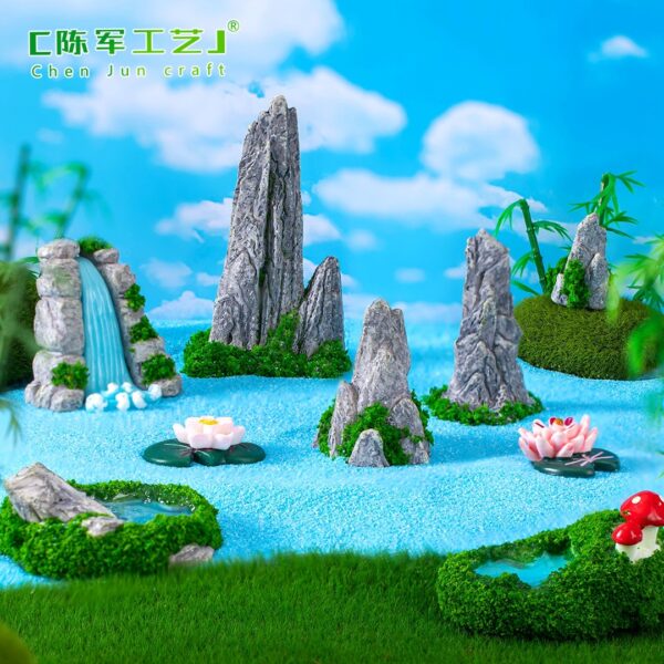 Wholesale Chinese Style Miniature Resin Landscape Ornament with Simulated Waterfall and Moss, DIY Garden Decor Accessory for Home Decor Resale