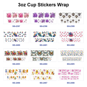 Wholesale 8pcs Mixed Floral Animal Cartoon Ribbon Print 3oz Cup Stickers Wrap OLY Exclusive