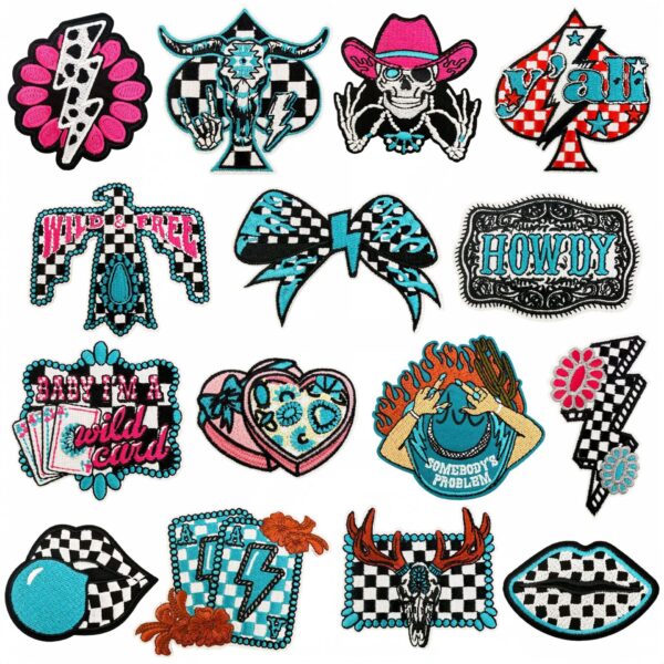 oly-bc164c4d7abf498577d833482f6c8a38 Wholesale Western Style Skull Checkerboard Embroidered Patches 15pc Set for DIY Decorative Accent