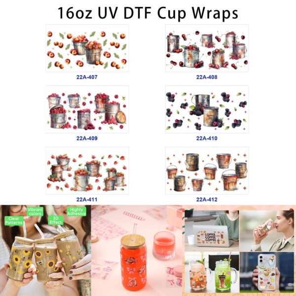 oly-bc37b7718fe9adf97961c0e2ef098430 Wholesale 5pcs Watercolor Pastoral Fresh Fruit Retro Metal Bucket Mixed Decor Prints 16oz Cup UV DTF Wraps
