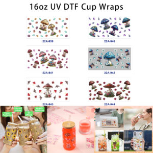 Wholesale 5pcs Luminous Whimsical Watercolor Mushroom Gemstone Wild Flower Butterfly Mixed Decor Prints 16oz Cup UV DTF Wraps