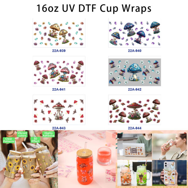 oly-bc38d1bf9ee6ba0bac4e96b3956d0a43 Wholesale 5pcs Luminous Whimsical Watercolor Mushroom Gemstone Wild Flower Butterfly Mixed Decor Prints 16oz Cup UV DTF Wraps
