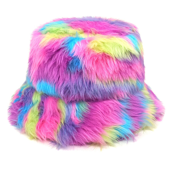 Wholesale Faux Fur Rainbow Gradient Tie Dye Bucket Hat Winter Fashion Accessory