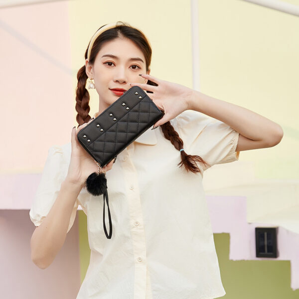Wholesale PU Leather Studded Wallet with Furry Ball Charm for Women Everyday Use