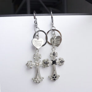 Wholesale Y2K Sweet-Cool Rhinestone Cross Keychain with Heart Engraved Tag, Zinc Alloy Bag Charm Decorative Accessory
