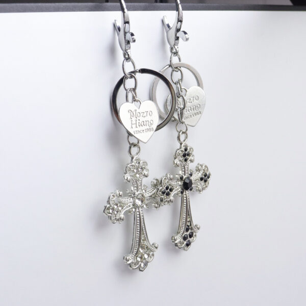 Wholesale Y2K Sweet-Cool Rhinestone Cross Keychain with Heart Engraved Tag, Zinc Alloy Bag Charm Decorative Accessory