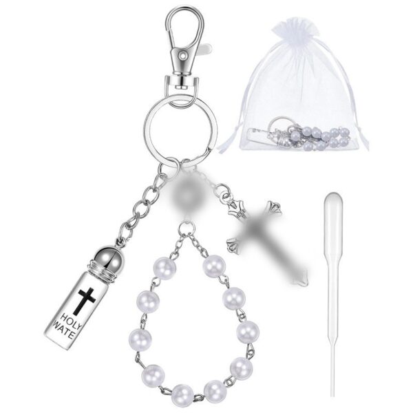 Wholesale Glass Cross Holy Water Bottle Keychain Pearl Pendant, Baptism Party Gift Accessory