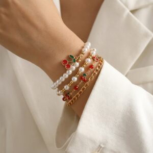 oly-c194b98b0d158ff0a3f62b4877b23854 Wholesale Sweet Cherry Pearl Multi Layer Bracelet Set Alloy Electroplated Jewelry Gift for Women