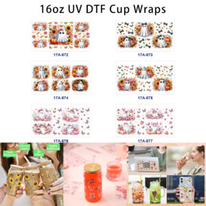 Wholesale 5pcs Fall Halloween Bow Ghost Sunflower Pumpkin Butterfly Bat Mixed Decor Prints 16oz Cup UV DTF Wraps