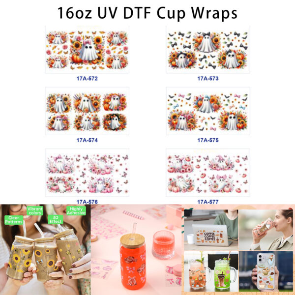 oly-c1c8230bffcb50caf1d3edde193012be Wholesale 5pcs Fall Halloween Bow Ghost Sunflower Pumpkin Butterfly Bat Mixed Decor Prints 16oz Cup UV DTF Wraps