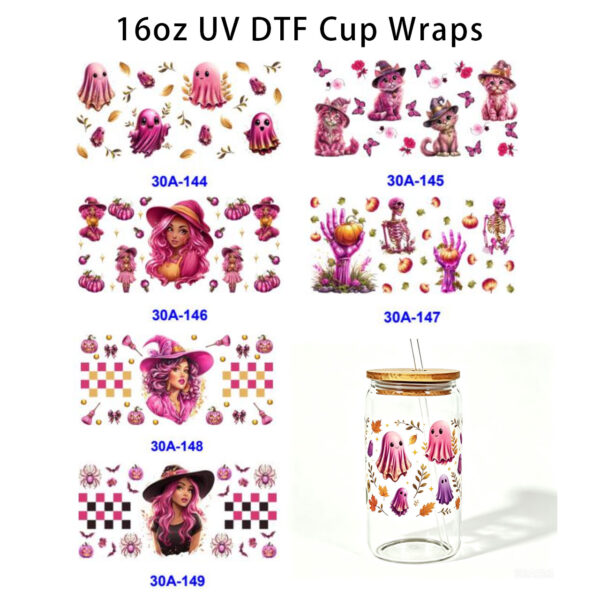Wholesale 5pcs Pink Pastel Ghost Witch Pumpkin 16oz Cup UV DTF Wraps