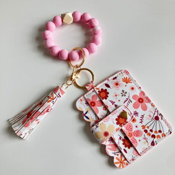 Wholesale Dark Pink PU Floral Card Holder Wallet with Keychain Fashion Accessory