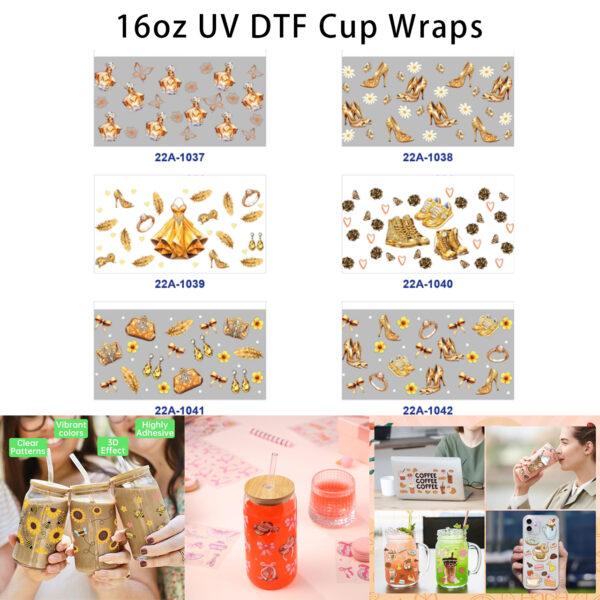 oly-c249299816d1b955a317b292dd18e5d7 Wholesale 5pcs Gilded Elegant Perfume Bottle High Heel Gown Sneaker Jewelry Bag Crown Feather Butterfly Daisy Rose Mixed Decor Prints 16oz Cup UV DTF Wraps