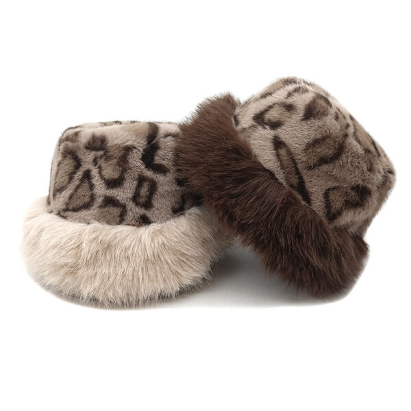 Wholesale Faux Mink Retro Leopard Print Bucket Hat Warm Ear Cover Winter Fashion Accessory