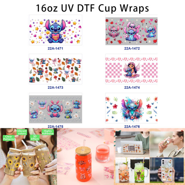 oly-c3649994a8d0dca1ab90fc4c0ada13be Wholesale 5pcs Soft Pastel Cute Fantasy Alien Cartoon Character Star Heart Autumn Leaf Flower Checker Butterfly Donut Mixed Decor Prints 16oz Cup UV DTF Wraps