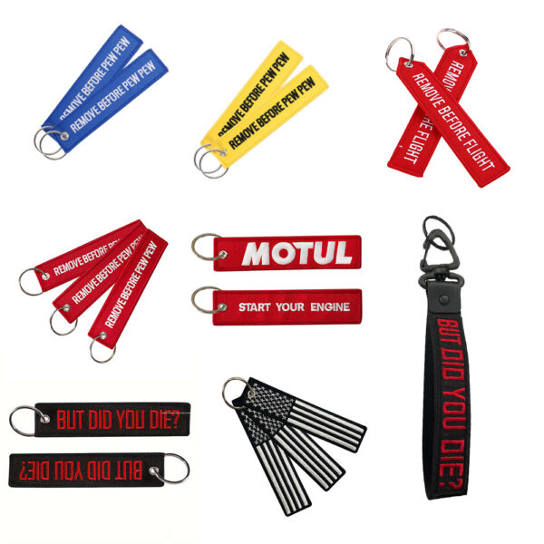 Wholesale Grass Green Flight Tag Keychain with Remove Before Pew Pew Text - Car Key Accessory Gift