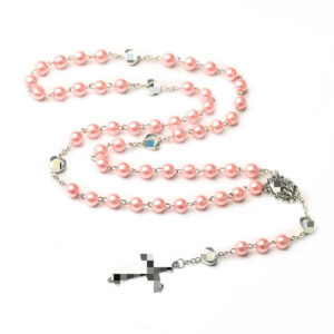 oly-c5e8d5560361eb5b086643ff5ec10c9e Wholesale White Glass Beaded Cross Rosary Necklace with Pattern Fashion Accessory Gift