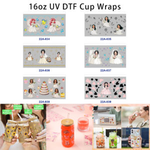 oly-c79be5f1b20eb0eaee8883997ca1d0e9 Wholesale 5pcs Soft Dreamy Cartoon Bride Wedding Dress Sea Shell Fish Moon Diamond Star Cake Cow Print Mixed Decor Prints 16oz Cup UV DTF Wraps