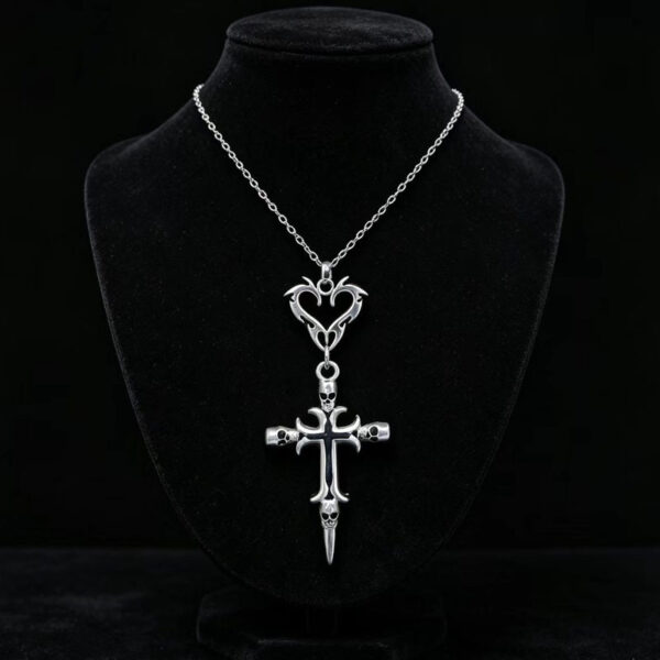 oly-c83e5893feaa21558374c3c6a6f81859 Wholesale Gothic Flame Heart Skull Cross Pendant Necklace Vintage Silver Finish Y2K Fashion Accessory