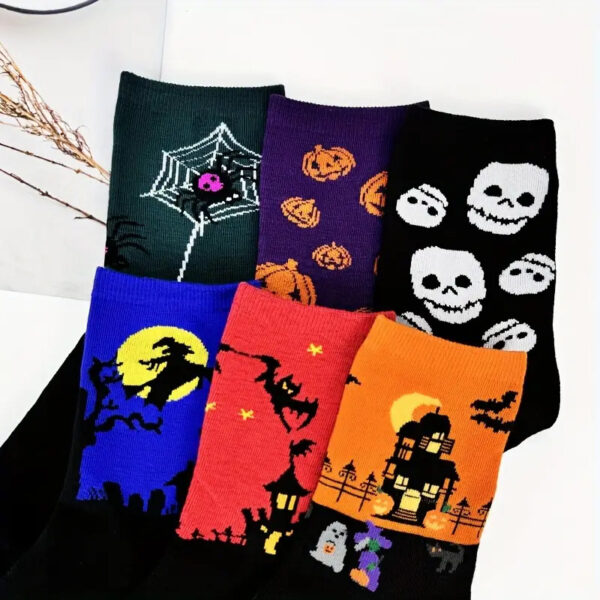 oly-c8fa172914d077dbd72c5fcee6564624 Wholesale Polyester Cotton Mid Calf Socks Halloween Skull Pumpkin Bat Cartoon Print for Youth and Adults