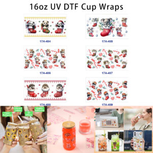 Wholesale 5pcs Christmas Theme Cute Animal Christmas Stocking Candy Cane Holly Snowflake Mixed Decor Prints 16oz Cup UV DTF Wraps