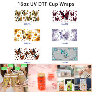 Wholesale 5pcs Deep Toned Watercolor Butterfly Sunflower Red Rose Dahlia Lilac Daisy Mixed Floral Decor Prints 16oz Cup UV DTF Wraps