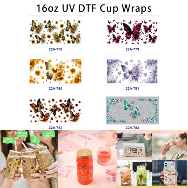 oly-ca4f1d71a19db8834ba0e64e59d9fc50 Wholesale 5pcs Deep Toned Watercolor Butterfly Sunflower Red Rose Dahlia Lilac Daisy Mixed Floral Decor Prints 16oz Cup UV DTF Wraps