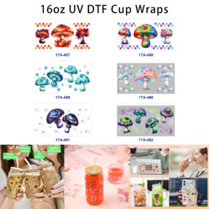 Wholesale 5pcs Psychedelic Tie Dye Galaxy Mushroom Checker Star Crystal Mixed Decor Prints 16oz Cup UV DTF Wraps
