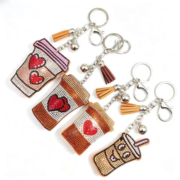 Wholesale Rhinestone Heart Coffee Cup Keychain Leather Tassel Bag Charm Decorative Accessory