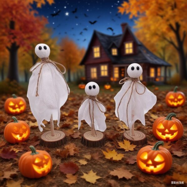 Wholesale Wooden Halloween Ghost Ornaments Set of 3 White Ghost Imp with Hat Home Decor Gift