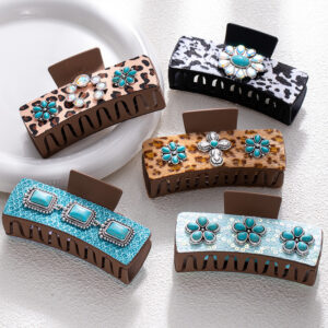 oly-cb82e441da87fc874c53ee0b4c7b3c69 Wholesale Bohemian Turquoise Hair Clip Leopard Print Acrylic Duckbill Claw Clip Fashion Hair Accessory for Women