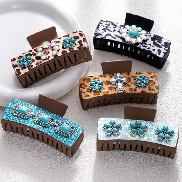 oly-cb82e441da87fc874c53ee0b4c7b3c69 Wholesale Bohemian Turquoise Hair Clip Leopard Print Acrylic Duckbill Claw Clip Fashion Hair Accessory for Women