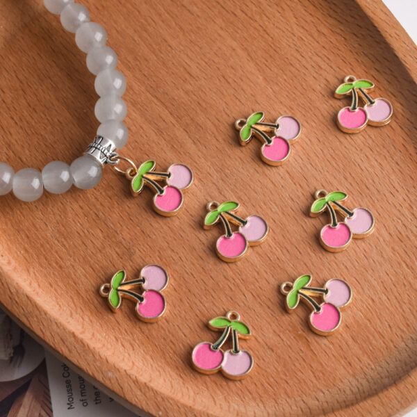 Wholesale Pink Cherry Simulated Food Toy Pendant Alloy Baked Paint Charm for DIY Bracelet Phone Chain Boutique Resale