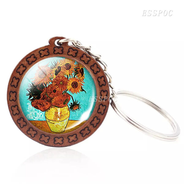 Wholesale French Retro Van Gogh Wooden Keychain with Sunflower Print Car Key Accessory