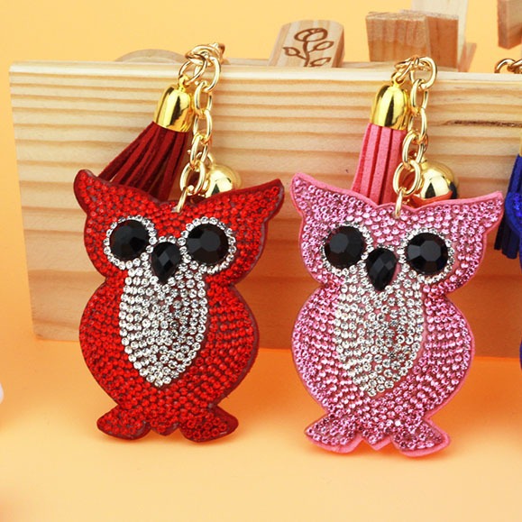 Wholesale Owl Rhinestone Tassel Keychain Bag Charm Decorative Accessory
