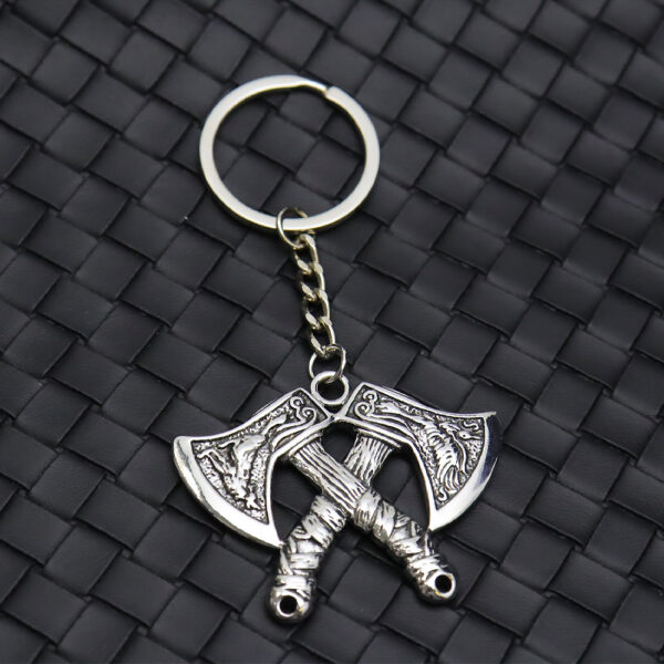 Wholesale Silver Metal Viking Rune Double Axe Keychain Trendy Wolf Head Eagle Pattern Key Pendant Gift