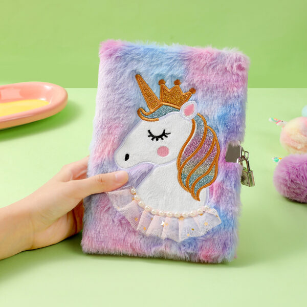 oly-cd5c42ce920095a48fa242d389fa8390 Wholesale Cartoon Plush Unicorn Notebook with Lock Tie Dyed Purple A5 Diary for Students Resale