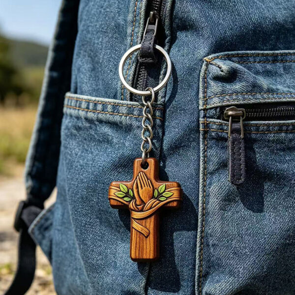 oly-ce2e5cb56719288a71adf1c2efe7d070 Wholesale Minimalist Wooden Cross Keychain with Prayer Hands and Leaf Design - Gift, Bag Charm, Jewelry Accessory