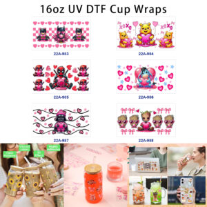 Wholesale 5pcs Cute Valentines Cartoon Superhero Bear Donkey Tree Character Heart Bow Checker Mixed Decor Prints 16oz Cup UV DTF Wraps OLY Exclusive