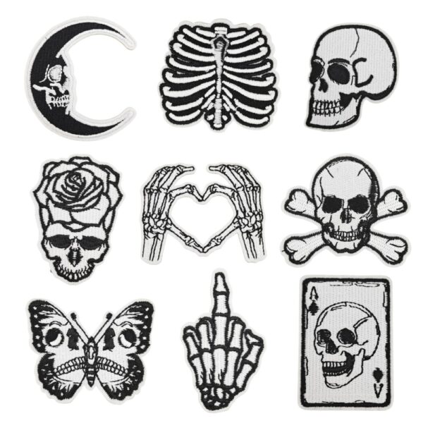 oly-d032b711776143cdee411c5dd6c3d5da Wholesale Skull Embroidery Patch Black White Butterfly Iron-On Decorative DIY Accessory