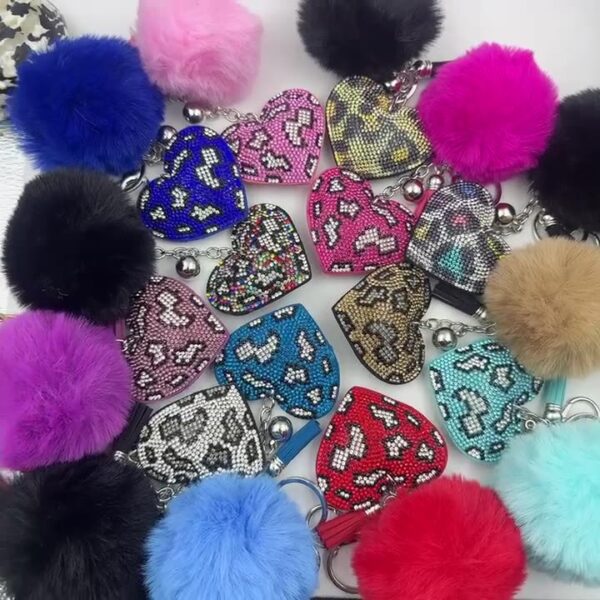 Wholesale Leopard Print Heart Rhinestone Keychain Bag Charm Tassel Pendant for Car Key Accessory