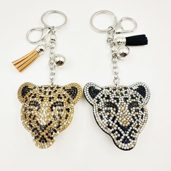 Wholesale Stylish Khaki Leather Cheetah Rhinestone Tassel Keychain Bag Charm Car Key Accessory Gift