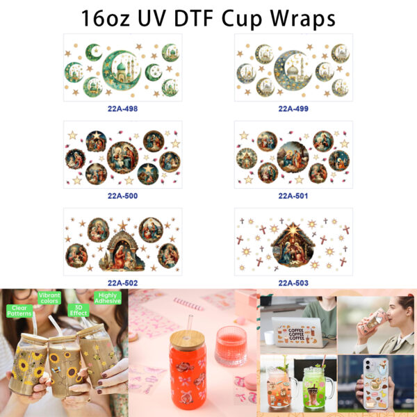 oly-d2c8fd3162bd343952e615e53eac9acd Wholesale 5pcs Watercolor Golden Star Crescent Moon Retro Dome Village Character Mixed Decor Prints 16oz Cup UV DTF Wraps